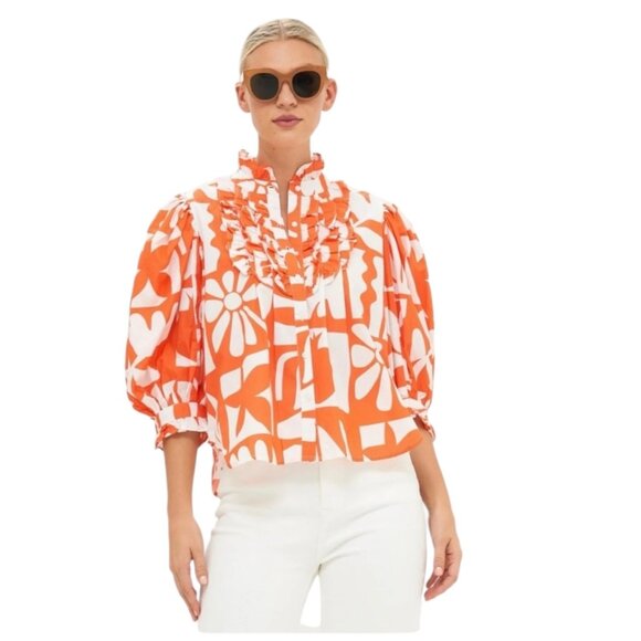 Tuckernuck Oliphant Ruffle Front Blouse Womens Size L Orange Twiggy Puff Sleeves - Picture 1 of 10